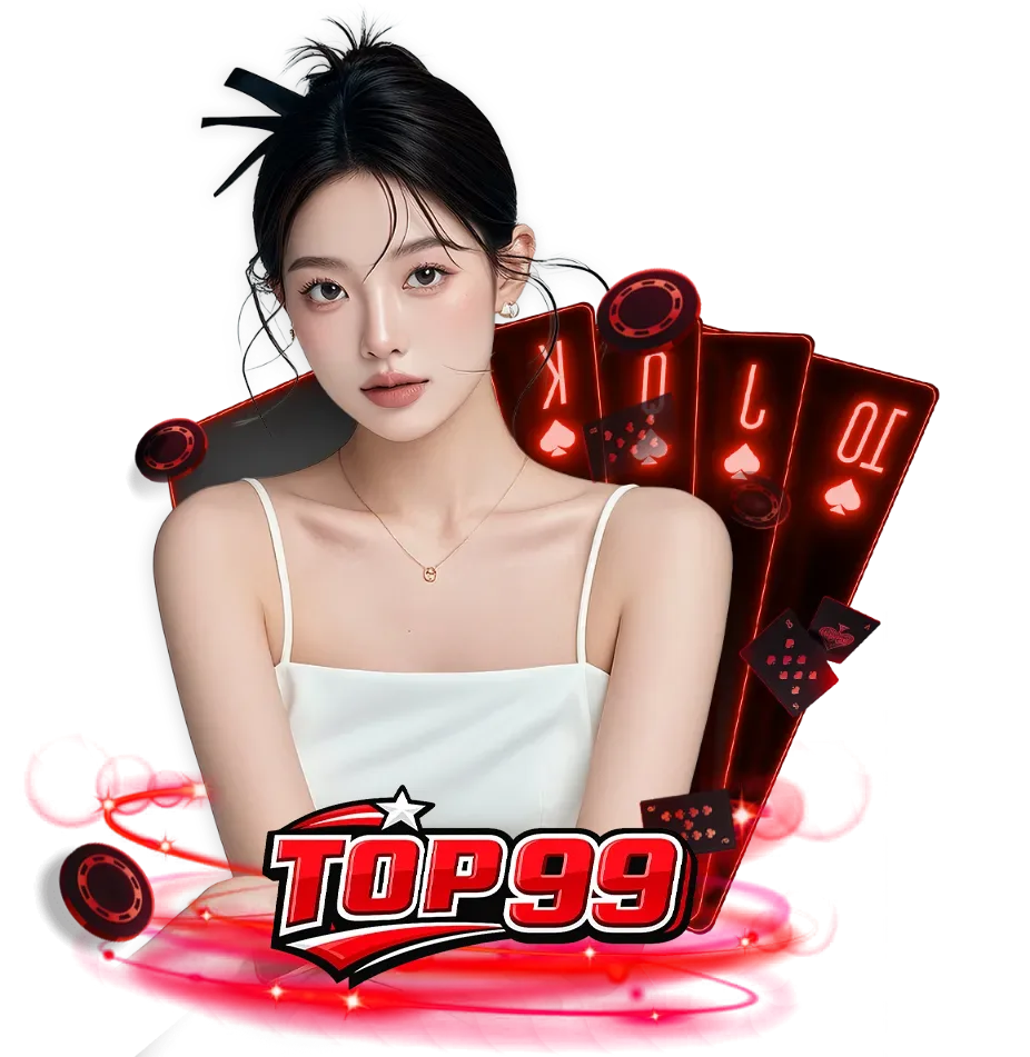 ภาพโปรโมท TOP99 คาสิโนออนไลน์ พร้อมหญิงสาว ไพ่คาสิโน และชิปเกม สำหรับเล่นสล็อตและบาคาร่าออนไลน์