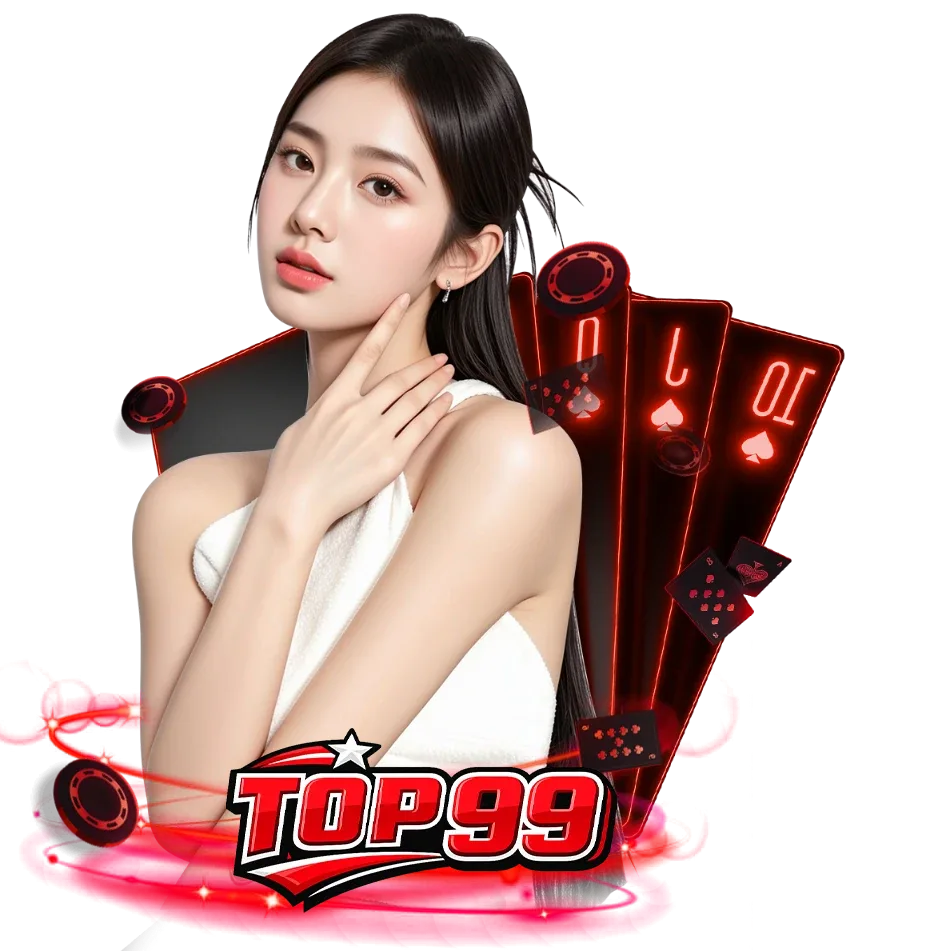 ภาพโปรโมท TOP99 คาสิโนออนไลน์เว็บตรง พร้อมหญิงสาว ไพ่คาสิโน และชิปเกม สำหรับเล่นสล็อตและบาคาร่าออนไลน์