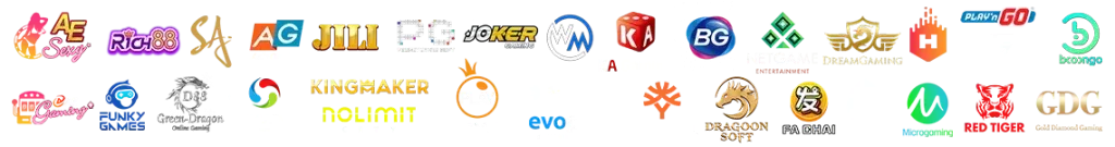 รวมค่ายเกมคาสิโนออนไลน์ของ TOP99 เช่น AE Sexy, AG, JILI, Joker Gaming, PG Soft, Kingmaker และ Evolution Gaming